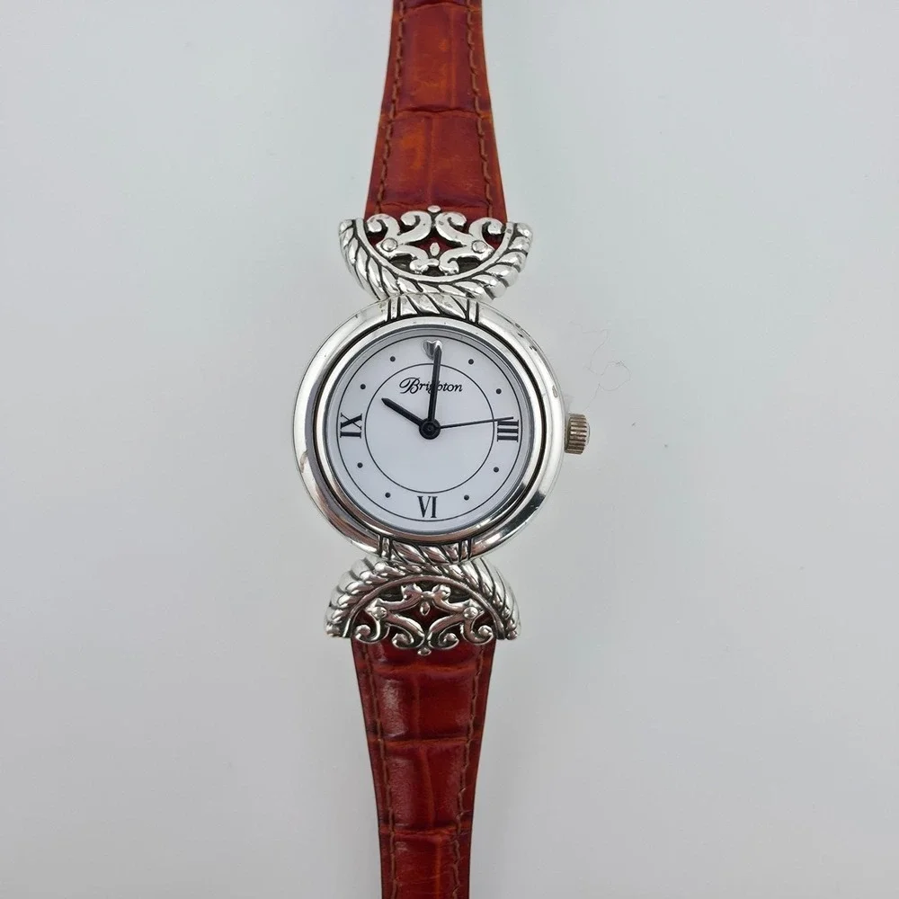 BRIGHTON 'Somerset' Watch Reversible Leather Black Brown Band Silver Plate 6.75